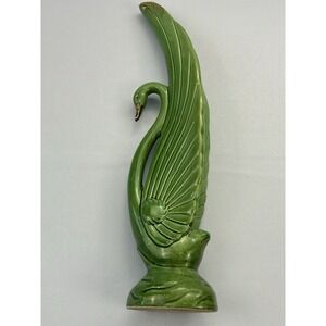 Vintage Japan Green Ceramic Swan Bird Figurine Statue Gold Accent 14" Decor